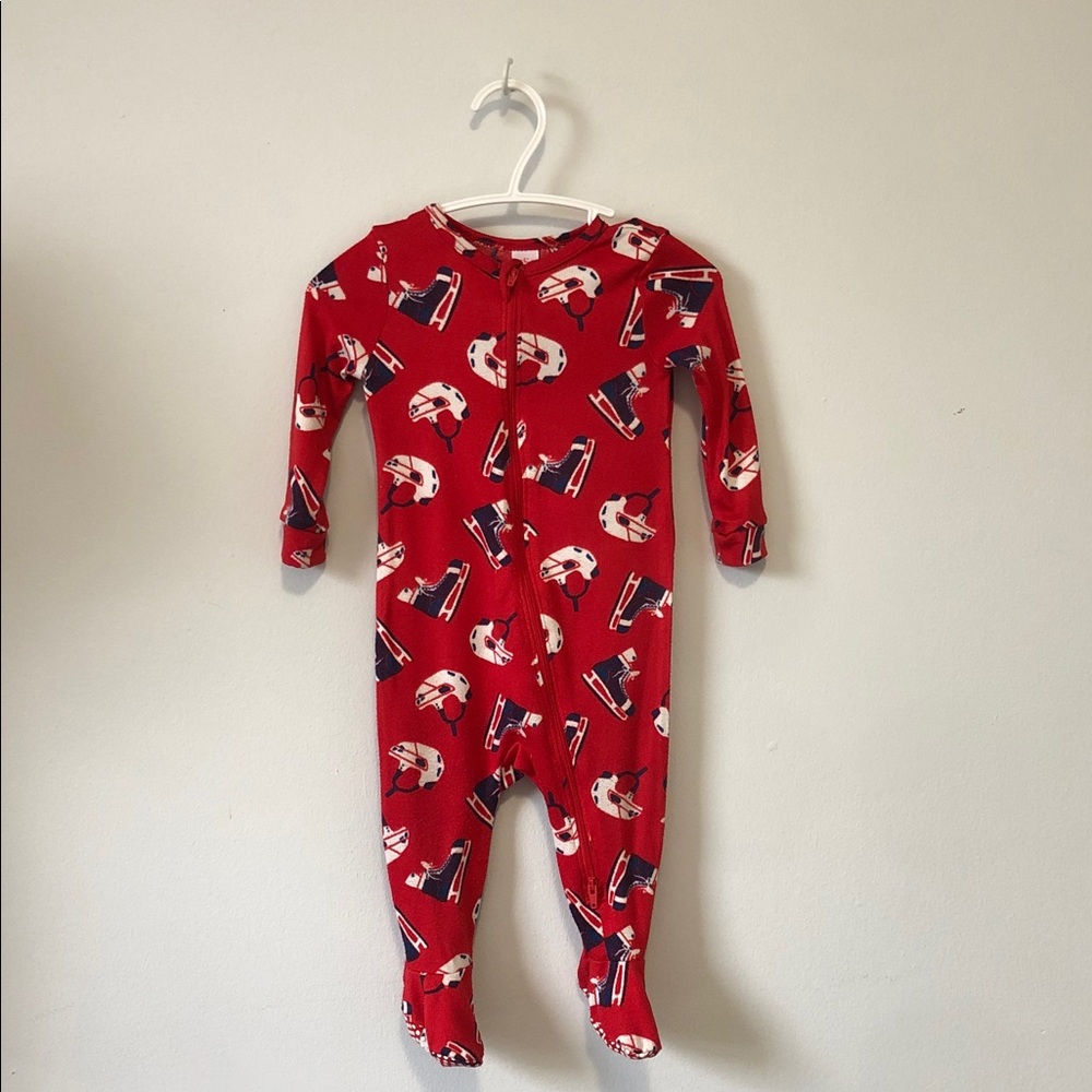 Joe Fresh Red Footed One-Piece with White and Navy Hockey Print